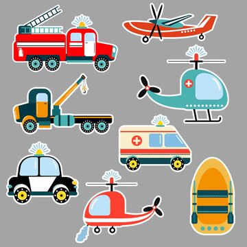 Cars stickers - rescuers. Illustration for children. Flat style. Vector illustration.	