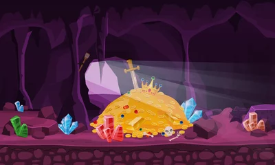 Fototapete Piraten Concept Treasure cave, gold pile, coins, gems, crown, sword, crystals. Banner art for game, apps medieval fairytale. Background cartoon style  © hadeev