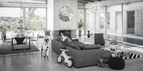 Luxury Vacation Villa Interior Design - panoramic black and white 3d visualization