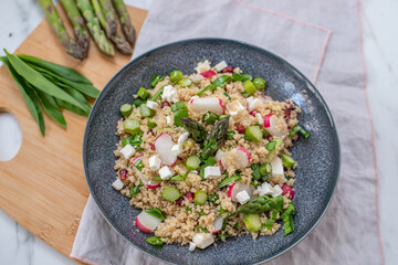 healthy spring couscous salad with asparagus and herbs