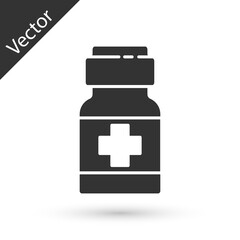 Grey Medicine bottle and pills icon isolated on white background. Medical drug package for tablet, vitamin, antibiotic, aspirin. Vector.