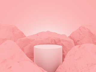 Simple product placement background Pastel pink geometric shape And natural looking stone, abstract style. 3D Render.