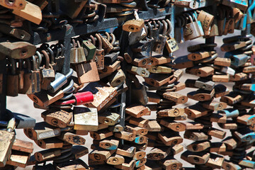 The bridge with locks over Mapocho River in Santiago, Chile