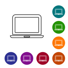 Black line Laptop icon isolated on white background. Computer notebook with empty screen sign. Set icons in color circle buttons. Vector
