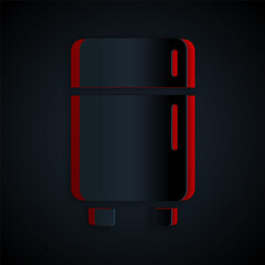 Paper cut Refrigerator icon isolated on black background. Fridge freezer refrigerator. Household tech and appliances. Paper art style. Vector