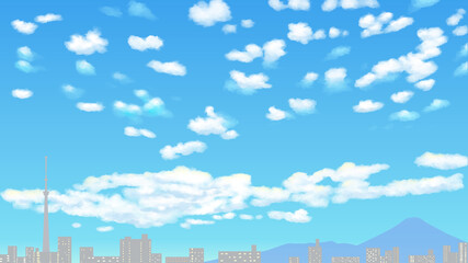 青空に富士山とスカイツリーのある街並み