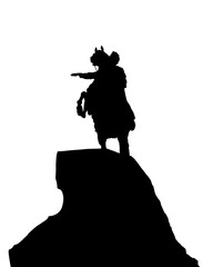 Ancient equestrian monument in St. Petersburg. Isolated silhouette on white background