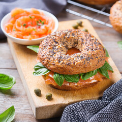 Bagels with cream cheese and salmon. Plating, fast lunch, meal. 