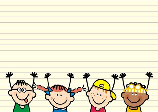 Happy kids, banner, vector conceptal illustration, lined paper