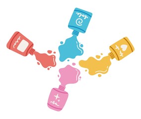 Colorful nail polish bottles. Spilled bottles. Vector flat illustration.