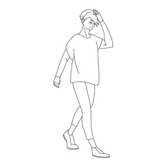 歩く　風除け　日除け　男性　線画