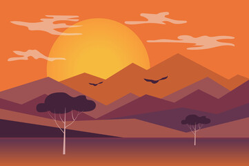Sunset in mountains landscape background in flat style. Setting sun is shining over mountain peaks and hills, birds flying, trees in desert area. Nature scenery. Vector illustration of web banner