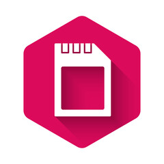 White SD card icon isolated with long shadow. Memory card. Adapter icon. Pink hexagon button. Vector