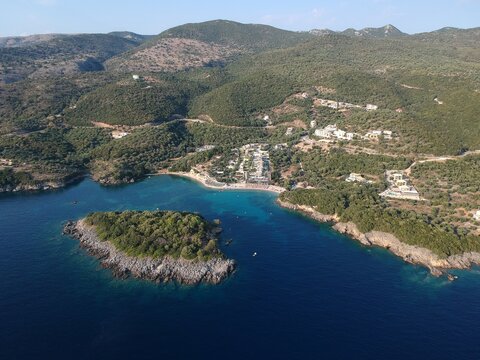 Aerial Shot Of Agia Paraskevi Tropical Beach Near Sivota And Perdika Town In Epirus, Greece