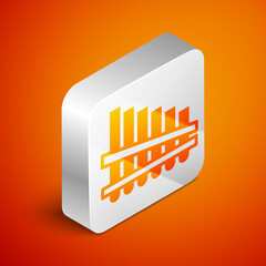 Isometric Pan flute icon isolated on orange background. Traditional peruvian musical instrument. Zampona. Folk instrument from Peru, Bolivia and Mexico. Silver square button. Vector