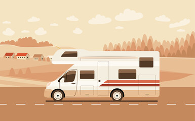 Obraz premium Motorhome on the road against the backdrop of a rural landscape. Vector flat style illustration.