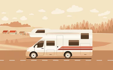 Tuinposter Motorhome on the road against the backdrop of a rural landscape. Vector flat style illustration. © lyudinka