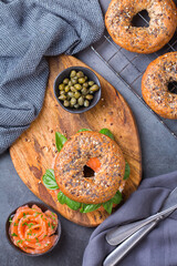 Bagels with cream cheese and salmon. Plating, fast lunch, meal. 