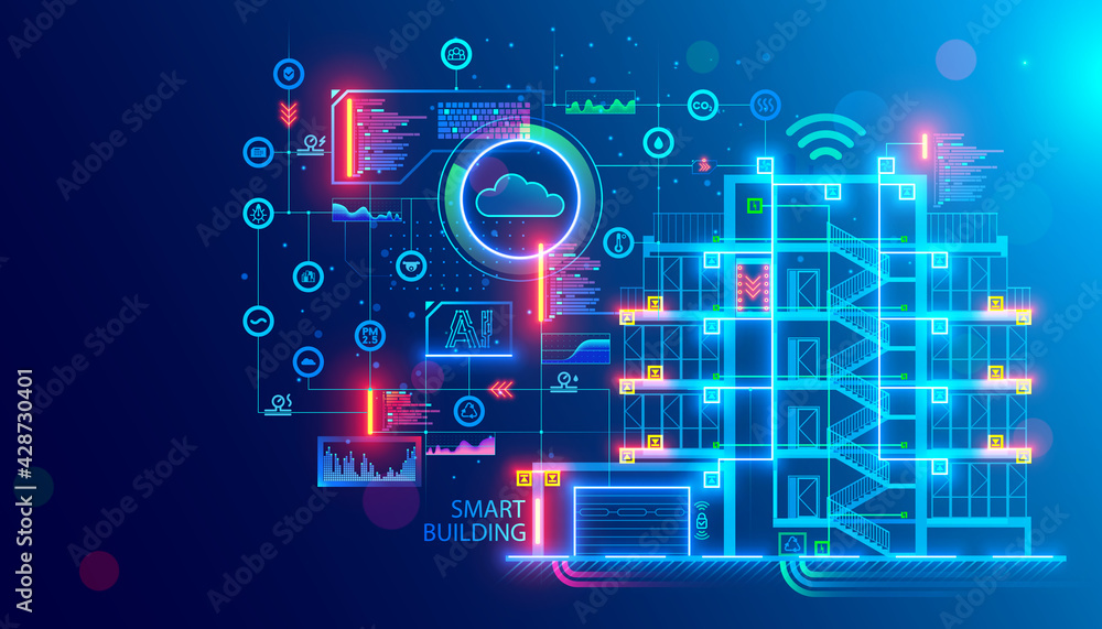 Poster Building design concept. Engineering of autonomous system of smart building. Drafting of communications of house. Project development of apartment house. Architectural drawing, blueprint of facade.