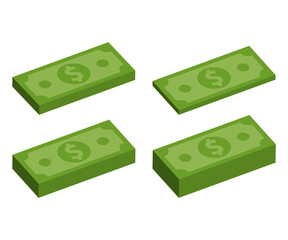 Packing money banknotes. Set of green dollar in various bundles. Vector illustration.