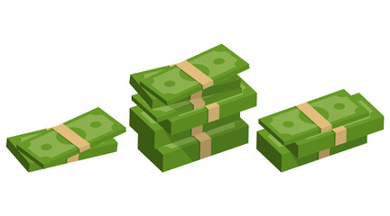 Packing money banknotes. Set of green dollar in various bundles. Vector illustration.