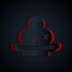 Paper cut Olives on plate icon isolated on black background. Paper art style. Vector