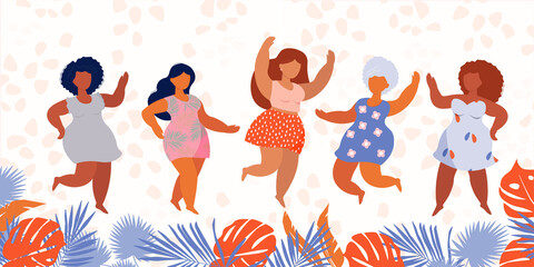 Happy fat women dance. A plus-size female with excess weight. Vector illustration. All bodies are beautiful Body positive. Girls in summer dresses relax.
