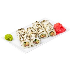Sushi set isolated on white. Japanese cuisne traditional. Sushi with sesame seeds, Philadelphia cheese and salmon.