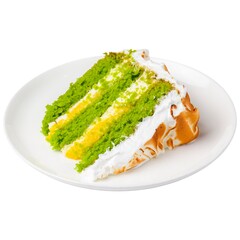 Matcha cake with whipped cream on top isolated on white. Delicious sweet cake for tea or coffee time.