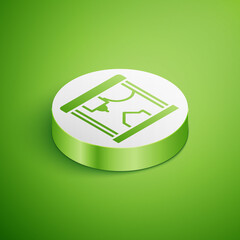 Isometric 3D printer icon isolated on green background. White circle button. Vector