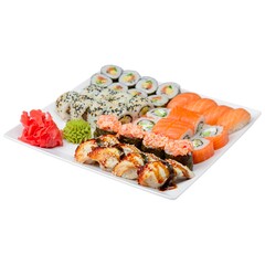 Sushi set isolated on white. Japanese cuisne traditional. Sushi with sesame seeds, Philadelphia cheese and salmon.