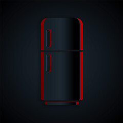Paper cut Refrigerator icon isolated on black background. Fridge freezer refrigerator. Household tech and appliances. Paper art style. Vector
