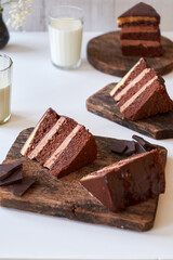 Chocolate cake on white background. Side view