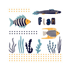 Vector illustration. Decorative composition with the image of fish and algae. Graphic elements around. Poster for the interior, for the nursery. For print, postcard.