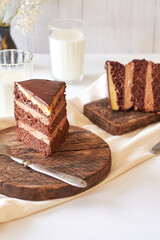 Chocolate cake on white background. Side view
