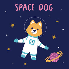 vector illustration with dog astronaut in space