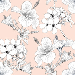 Seamless pattern floral with Hibiscus and frangipani flowers pink pastel abstract background.Vector illustration  hand drawning line art.For fabric pint design.