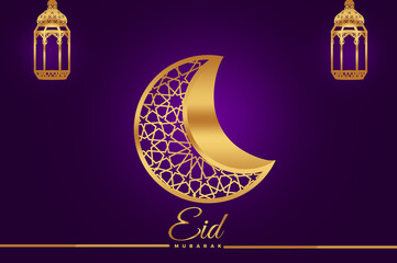 eid mubarak with gold moon and hanging lanterns with dark purple background
