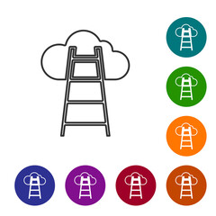 Black line Stair with finish flag icon isolated on white background. Career growth business concept. Concept of business development. Set icons in color circle buttons. Vector