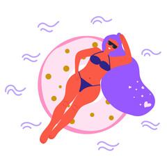 Beautiful girl in sunglasses swims in a swimming circle, summer vacation concept. Flat illustration.