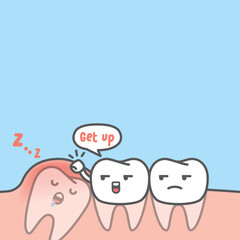 Blank banner dental cartoon of white teeth try to get the impaction tooth up by knocking gum illustration cartoon character vector design on blue background. Dental care concept.