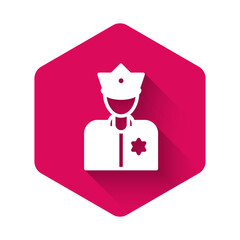 White Police officer icon isolated with long shadow. Pink hexagon button. Vector