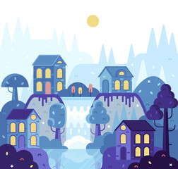 Small Town. Flat cartoon illustration with small houses in nature near the waterfall. 