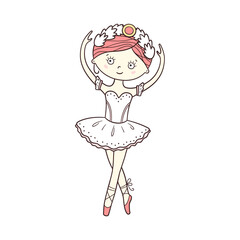 Little cute ballerina in pointe shoes and dress. Isolated vector illustration in doodle style on white background