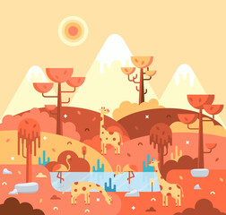Flat cartoon illustration, giraffe and pink flamingos on the lake, african landscape in square 