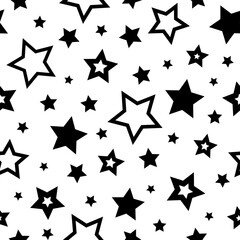 Seamless cute pattern with black stars on white background.