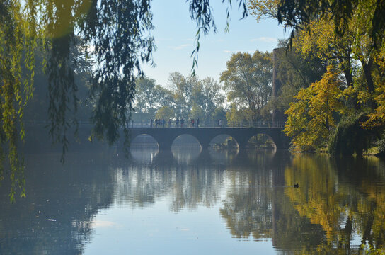 Title: Belgium, Bruges, lovers bridge minnewater lake. A peaceful lake with arched bridge and willow trees around.