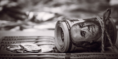 Stacks of coins against the background of hundred-dollar bills are scattered throughout the space....