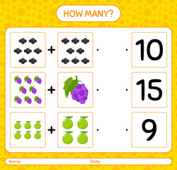 How many counting game with fruit. worksheet for preschool kids, kids activity sheet, printable worksheet