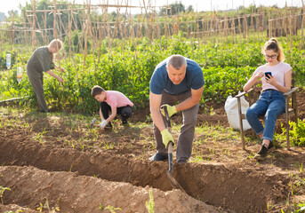 Positive man using shovel for digging soil in garden